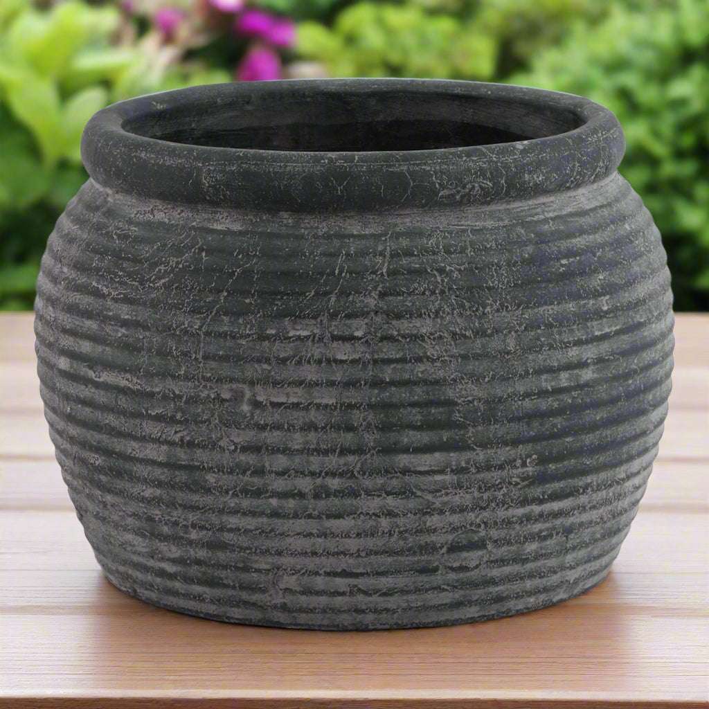 Amalfi Grey Rimmed Large Plant Pot GREY CERAMIC Shades 4 Seasons