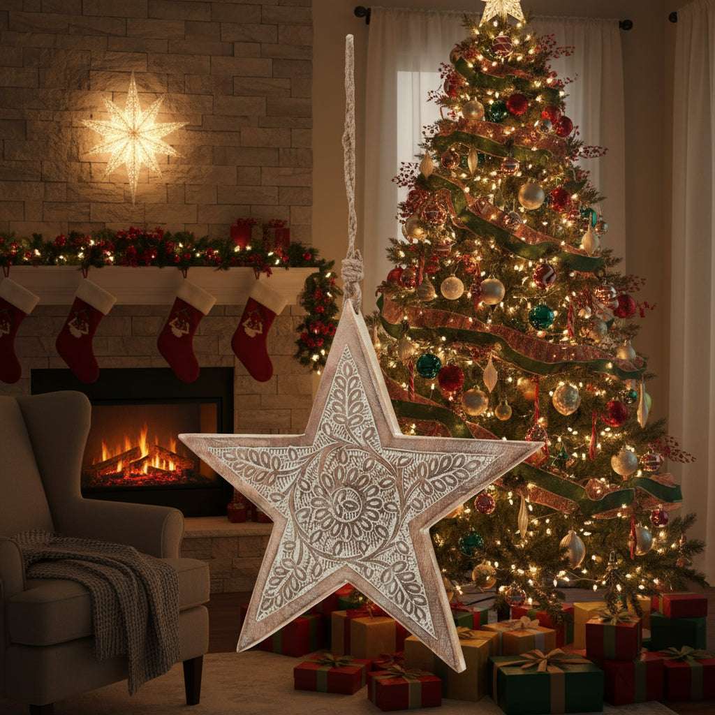 Natural Wooden Large Patterned Hanging Star BROWN WOOD Shades 4 Seasons