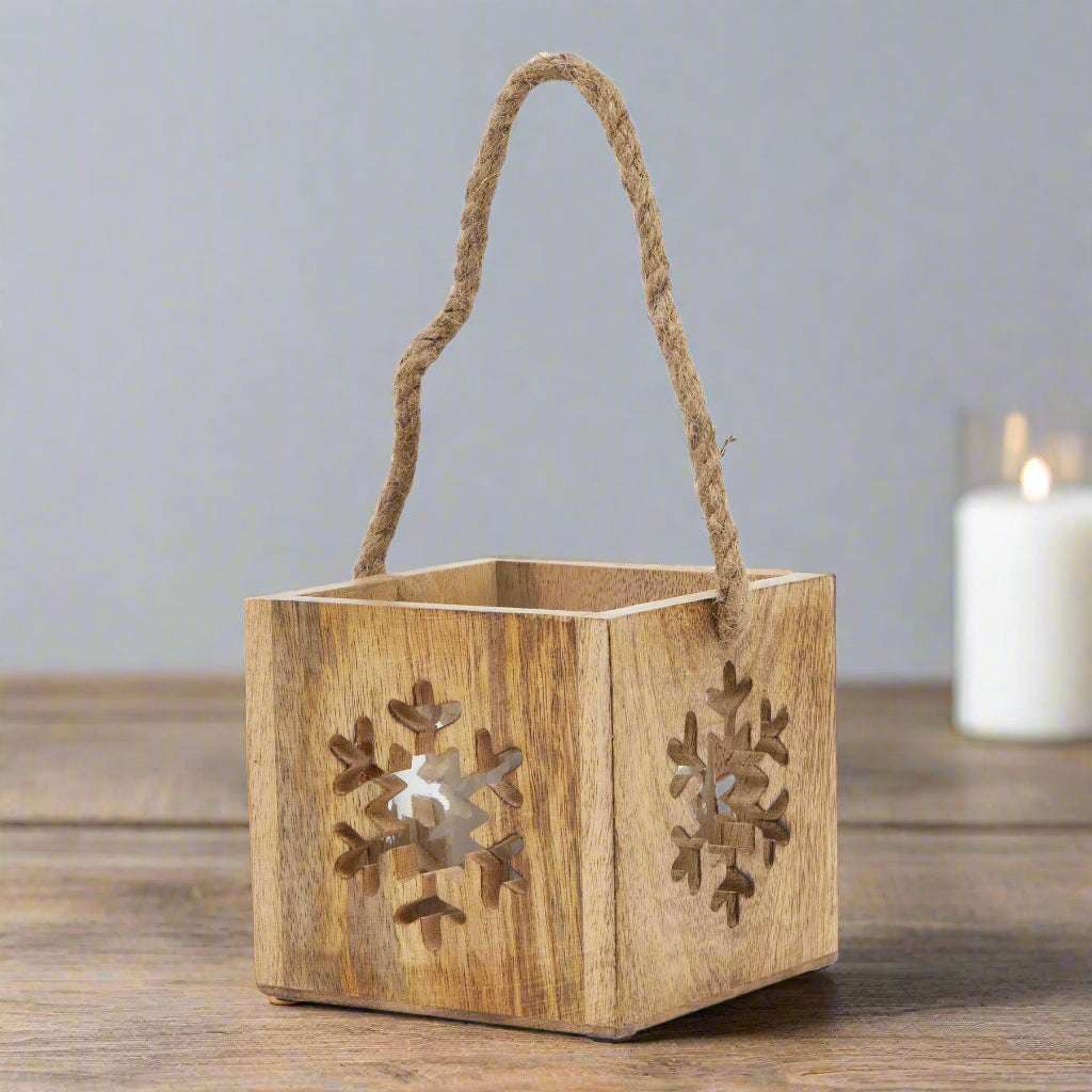 Natural Wooden Snowflake Tealight Candle Holder BROWN GLASS Shades 4 Seasons