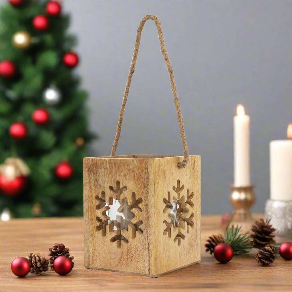Natural Wooden Large Snowflake Tealight Candle Holder BROWN GLASS Shades 4 Seasons