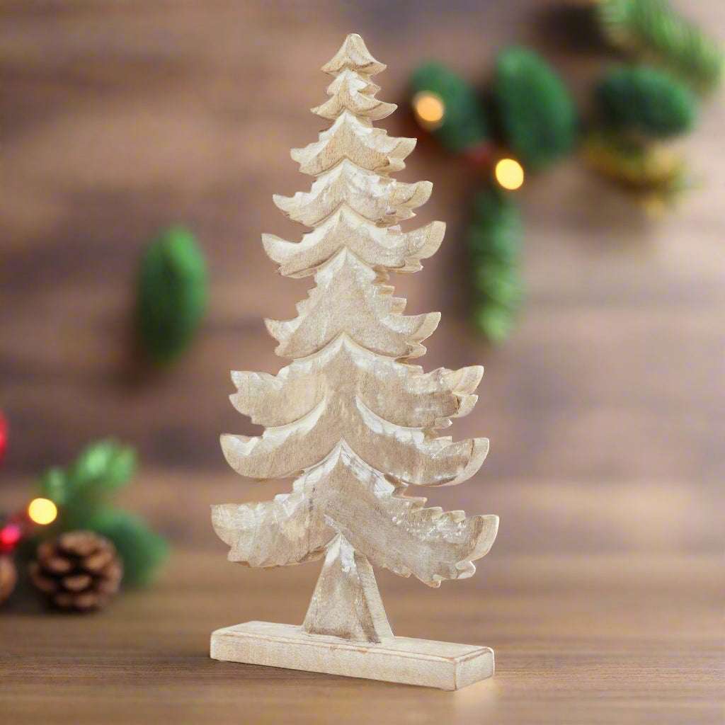 White Wash Collection Wooden Large Tiered Tree Decoration BROWN WOOD Shades 4 Seasons