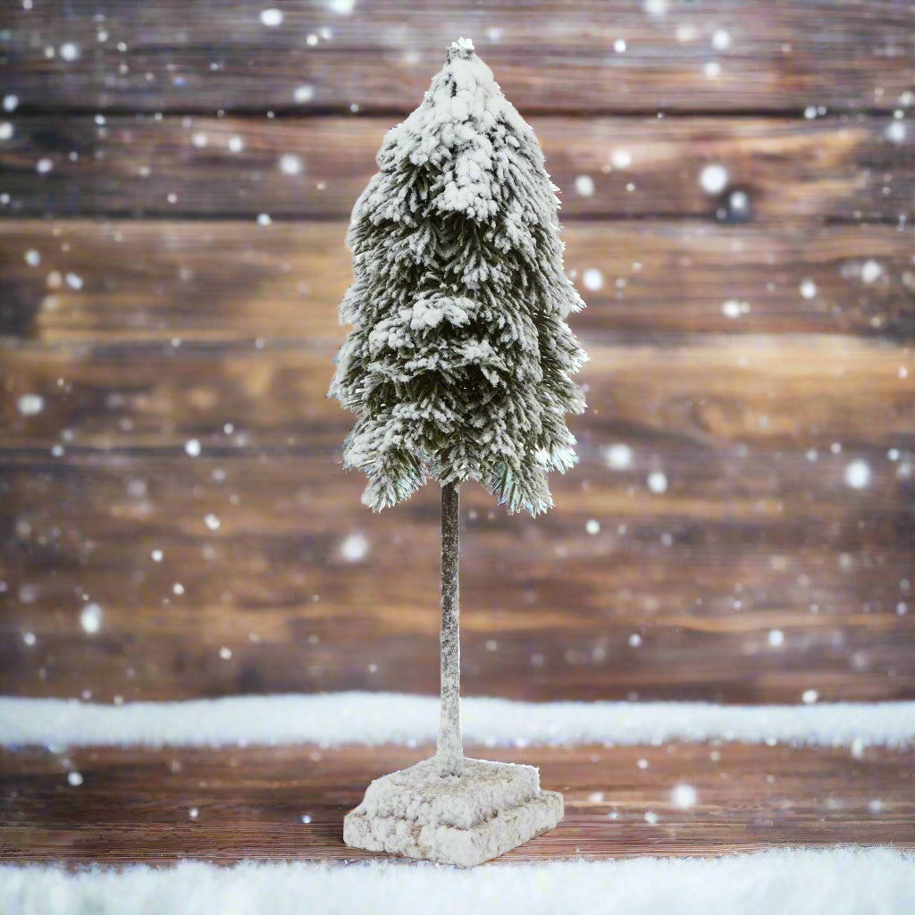 Medium Snowy Cedar Tree On Wood Block BROWN PLASTIC Shades 4 Seasons