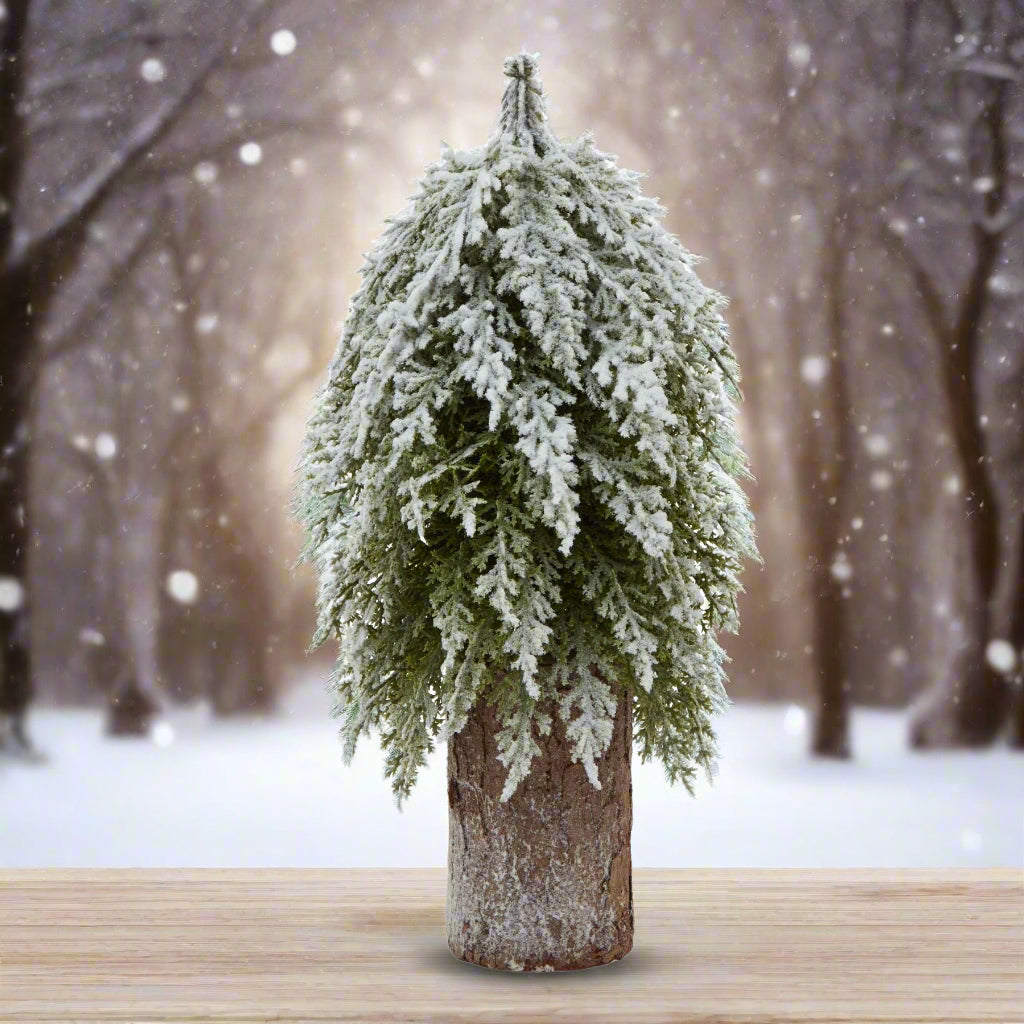 Small Snowy Fir Tree On Tall Wood Log BROWN PLASTIC Shades 4 Seasons