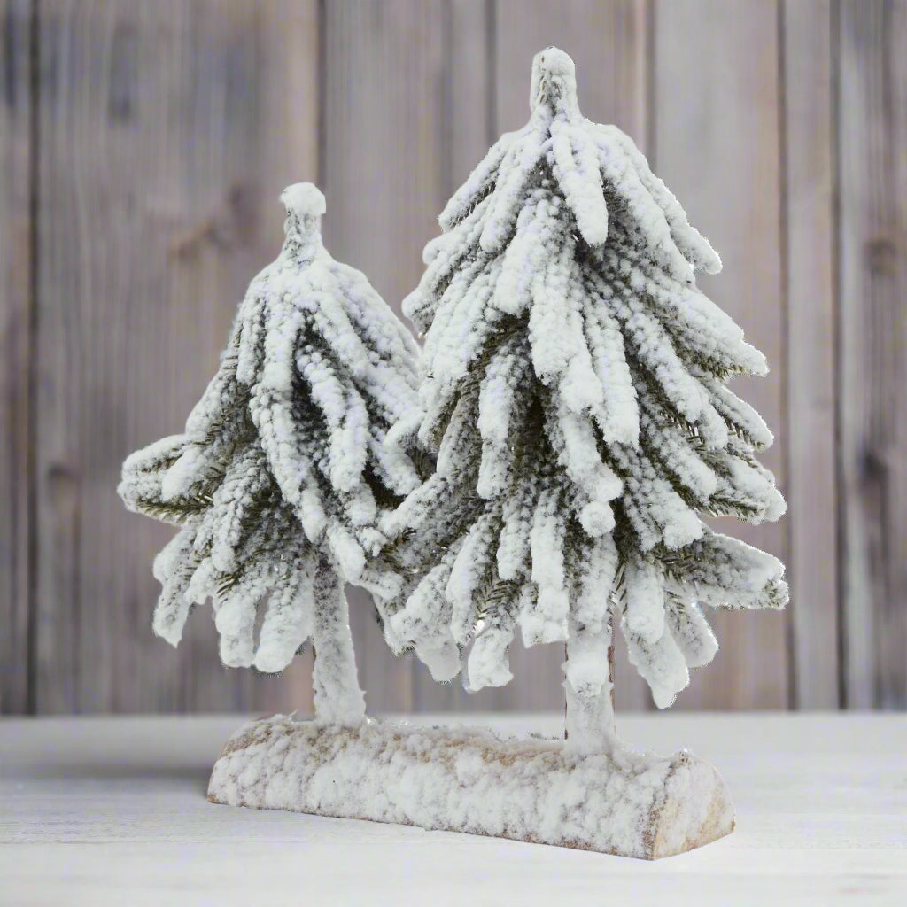 Small Snowy Fir Tree Duo On Wood Log BROWN PLASTIC Shades 4 Seasons