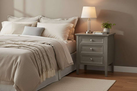 The Serene Collection Three Drawer Bedside Table GREY WOOD Shades 4 Seasons