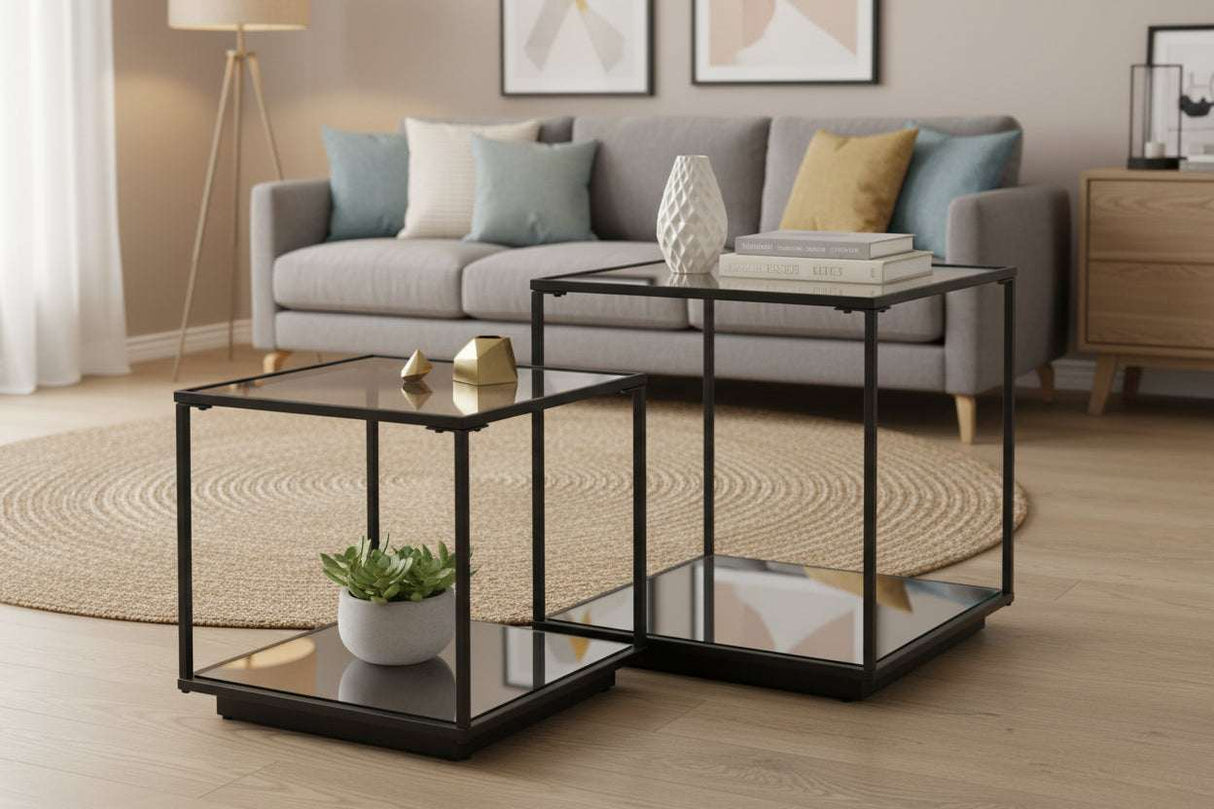 Lennox Black Framed Set Of 2 Side Tables BLACK GLASS Shades 4 Seasons