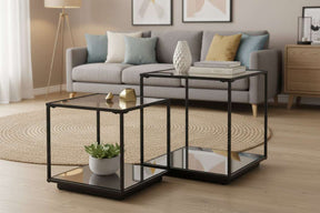 Lennox Black Framed Set Of 2 Side Tables BLACK GLASS Shades 4 Seasons