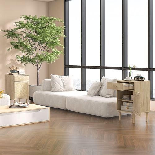 HOMCOM Bedside Table with Rattan Drawer, Cabinet and Adjustable Shelf, Natural HOMCOM