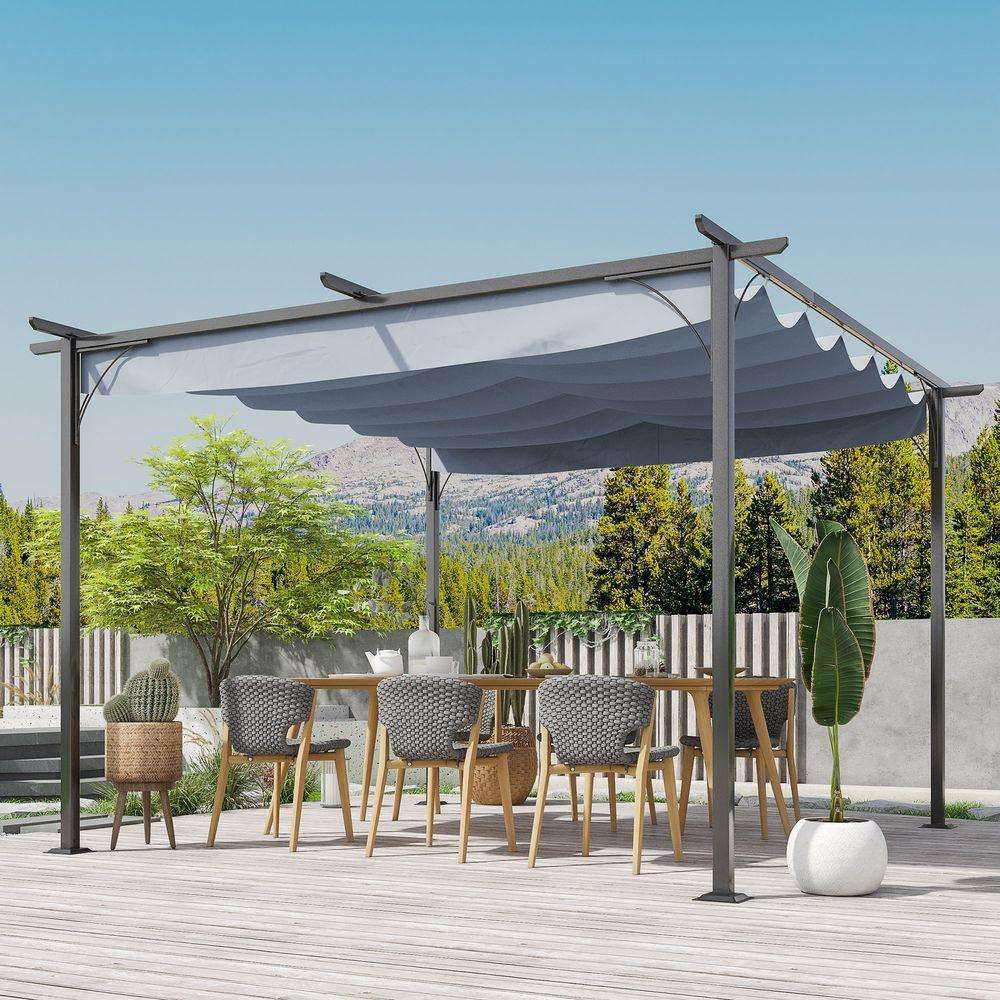 3.5M X 3.5M Metal Pergola Gazebo Awning Retractable Canopy Grey Steel Outsunny