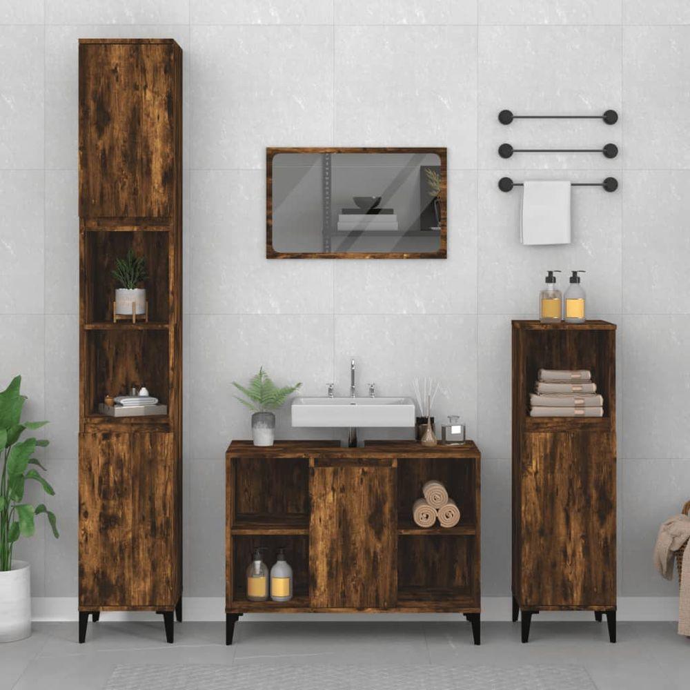 3 Piece Bathroom Furniture Set White Engineered Wood smoked oak vidaXL