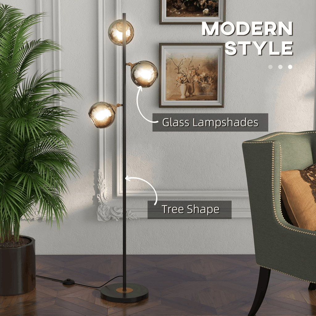 HOMCOM Modern Floor Lamp with Glass Global Shade, 3 Light, for Living Room HOMCOM