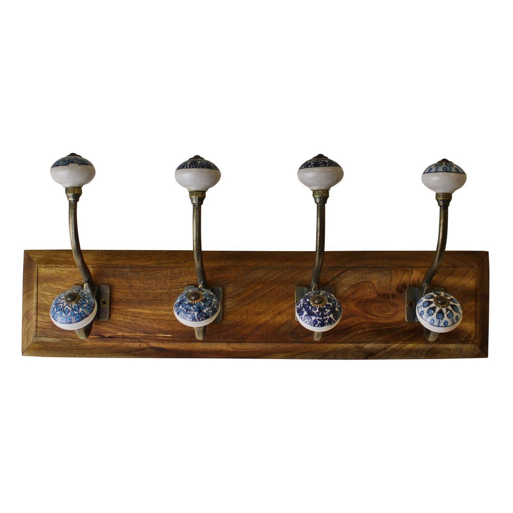 4 Double Ceramic Peacock Design Coat Hooks On Wooden Base Geko Products