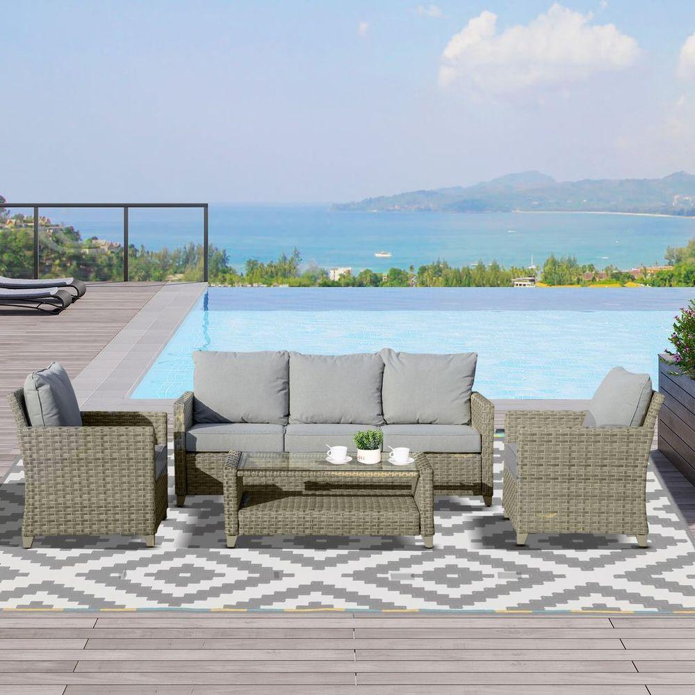 4 PCS Patio PE Rattan Sofa Set, Outdoor Conversation Furniture Set - Shades 4 Seasons