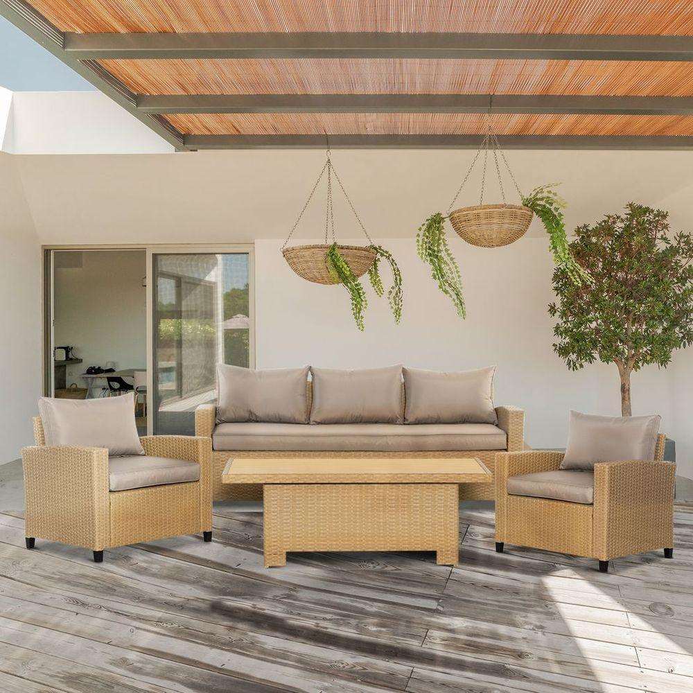 4 PCS Patio Wicker Aluminum Conversation Furniture Sofa Set w/ Table - Shades 4 Seasons