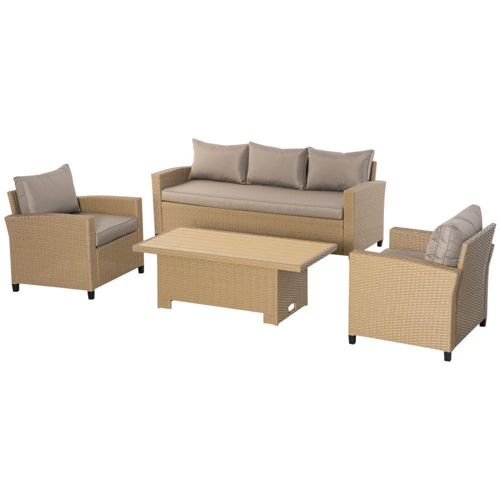 4 PCS Patio Wicker Aluminum Conversation Furniture Sofa Set w/ Table - Shades 4 Seasons