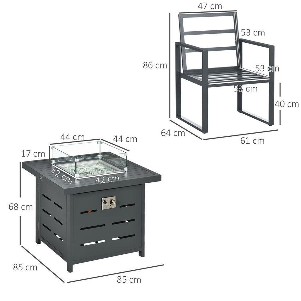 4 Seater Aluminium Garden Furniture Set with Gas Firepit Table, Grey Outsunny