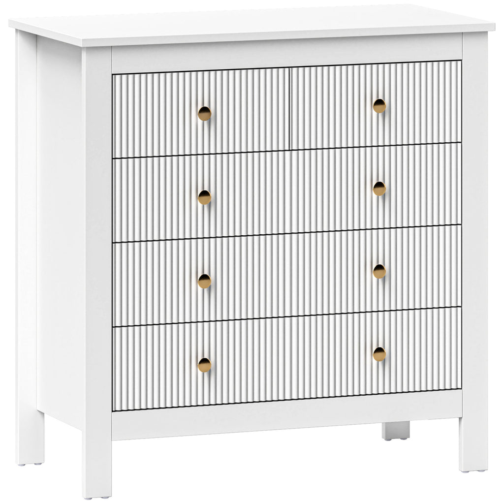 HOMCOM Fluted Bedroom Chest of Drawers w/ 5 Drawers Gold Tone Handles White HOMCOM