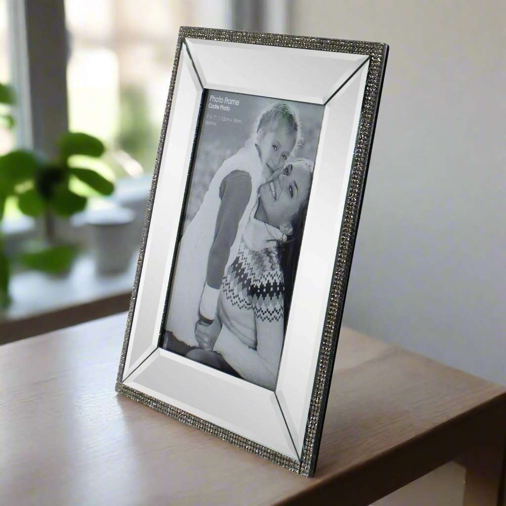 5 x 7 Mirrored Freestanding Photo Frame With Crystal Detail Geko Products