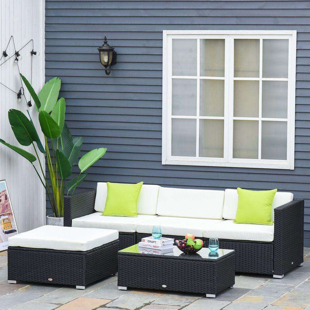 5PC Rattan Furniture Set Wicker Sofa Glass Tempered Tea Table & Cushion Pillows Outsunny