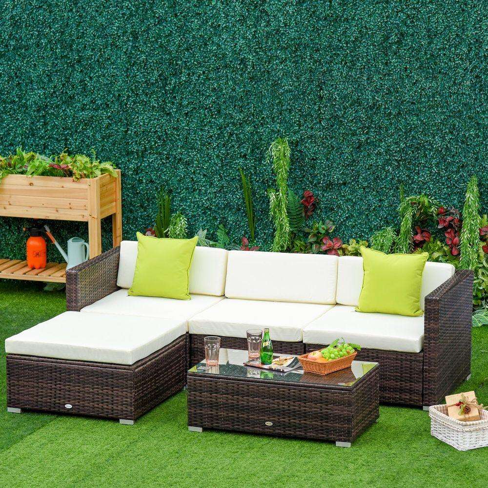 5PC Rattan Furniture Set Wicker Sofa Glass Tempered Tea Table & Cushion Pillows Outsunny