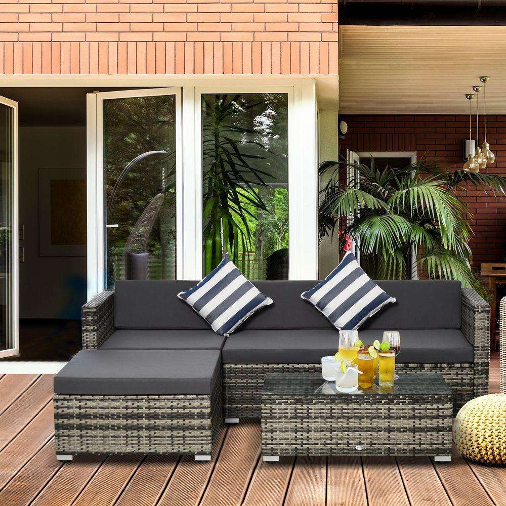 5PC Rattan Furniture Set Wicker Sofa Glass Tempered Tea Table & Cushion Pillows Outsunny