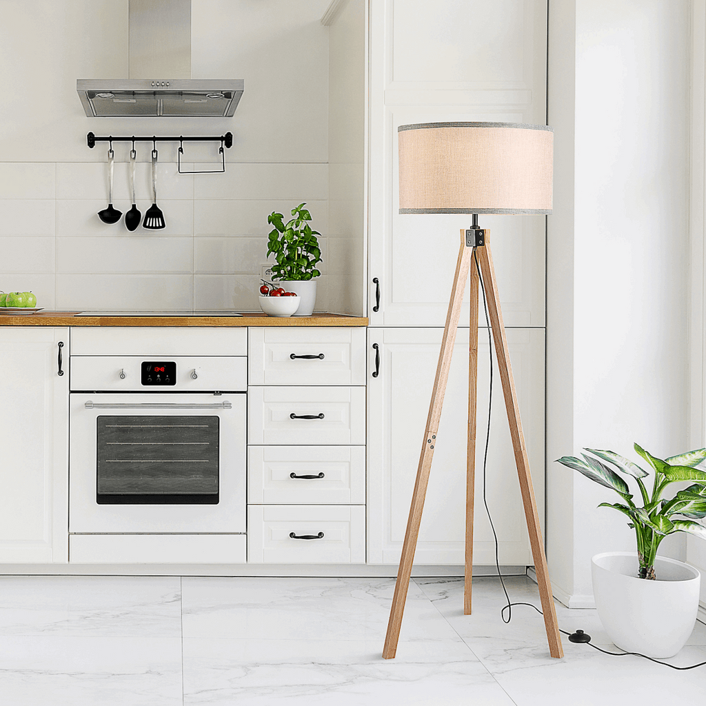 Rubber Wood Tripod Floor Lamp Beige HOMCOM