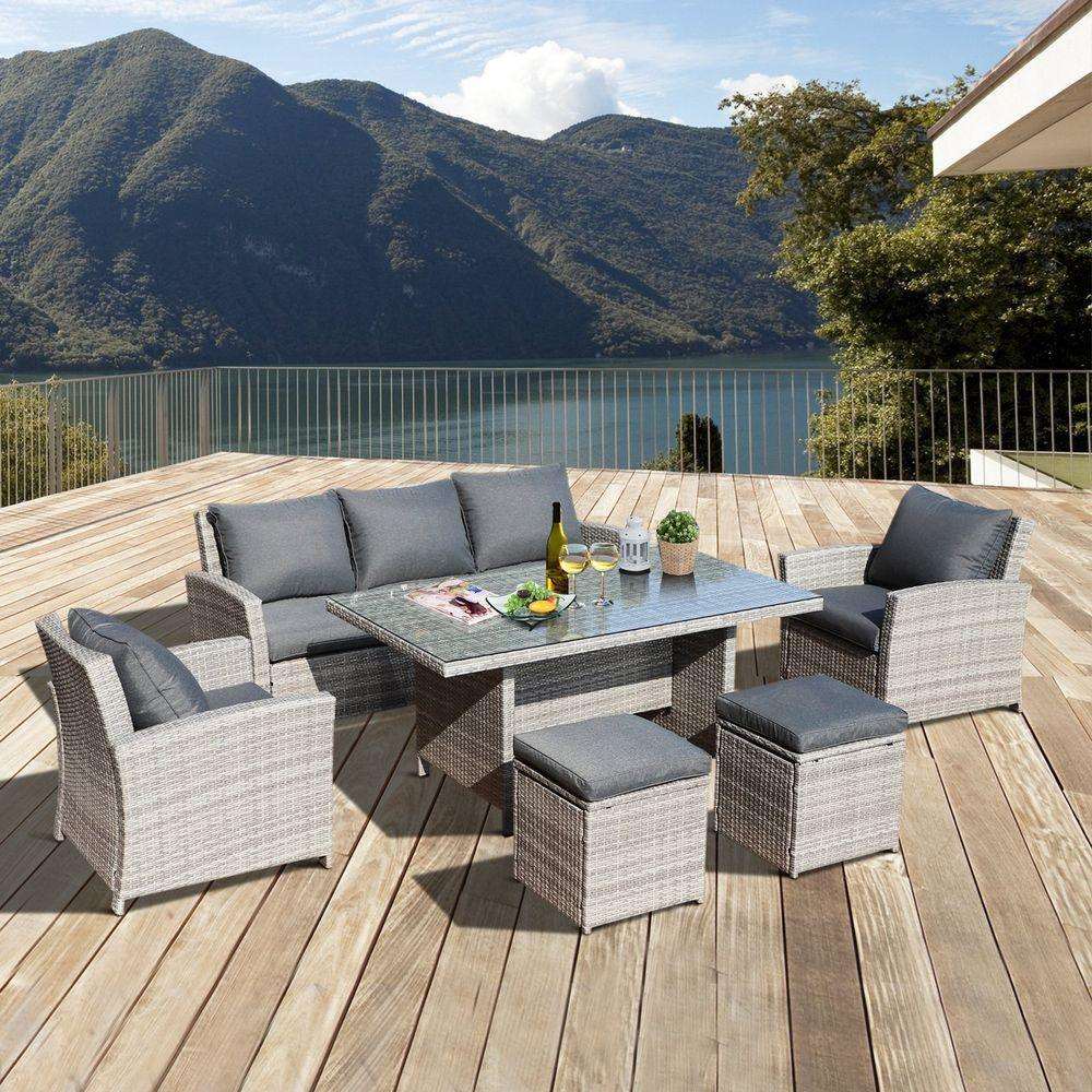 6Pcs Rattan Dining Set Sofa Table Footstool Outdoor w/ Cushion Garden Furniture - Shades 4 Seasons