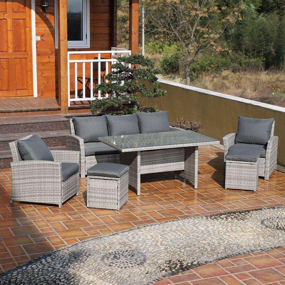 6Pcs Rattan Dining Set Sofa Table Footstool Outdoor w/ Cushion Garden Furniture Outsunny