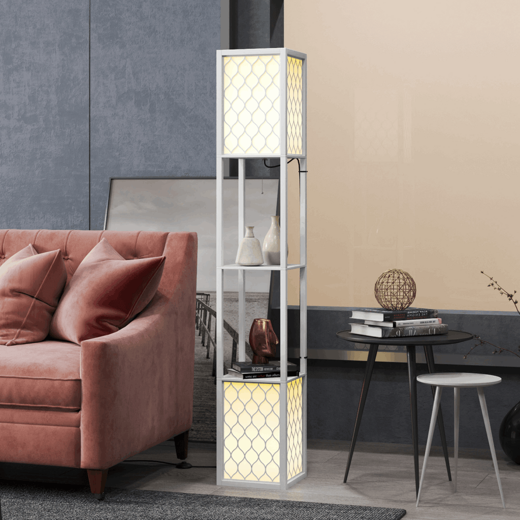 HOMCOM 2-Light Modern Floor Lamp with Shelves for Living Room, Bedroom, White HOMCOM