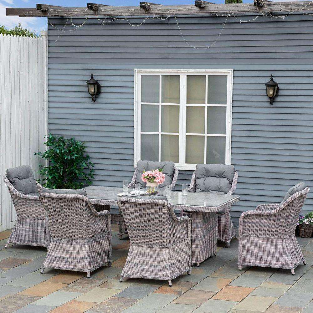 7 PCS Patio PE Rattan Wicker Dining Table Set Furniture w/ Tempered Glass - Shades 4 Seasons