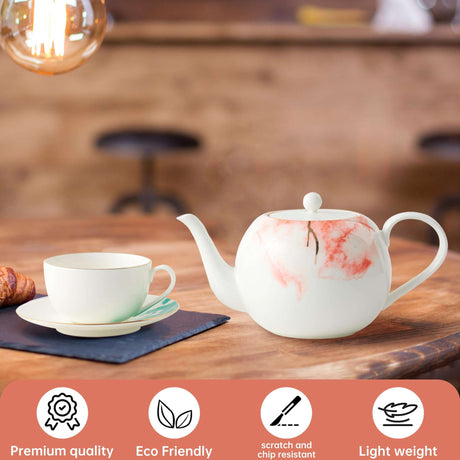 London Boutique Teapot, Teapots for 4 with Built-in Filter for Loose Leaf Tea, 1.2L Large Teapot, White Teapot with Gold Rim, Lightweight, Fine China Teapot Set Perfect Tea Maker for Tea Lovers