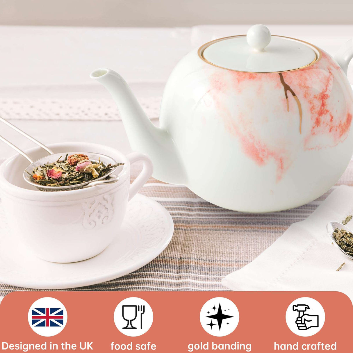 London Boutique Teapot, Teapots for 4 with Built-in Filter for Loose Leaf Tea, 1.2L Large Teapot, White Teapot with Gold Rim, Lightweight, Fine China Teapot Set Perfect Tea Maker for Tea Lovers