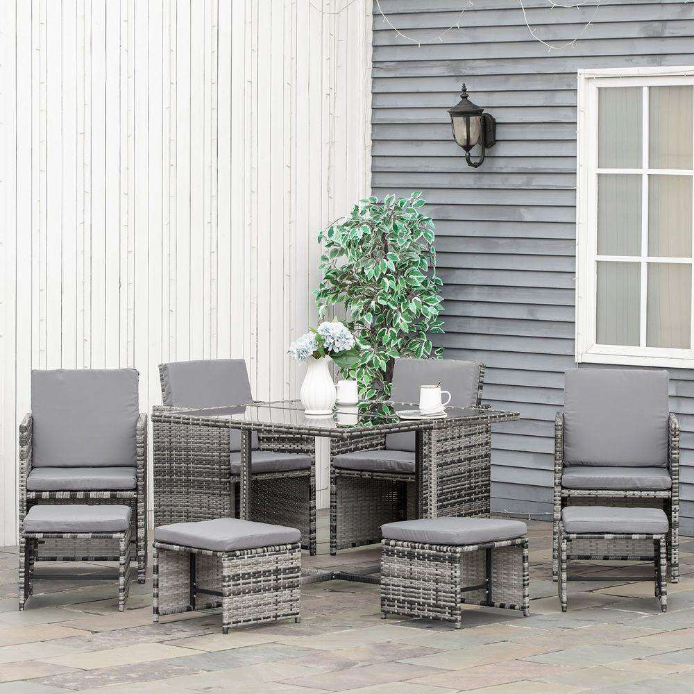 9PC Rattan Garden Furniture Outdoor Patio Dining Table Set Wicker 8 Seater Stool Outsunny