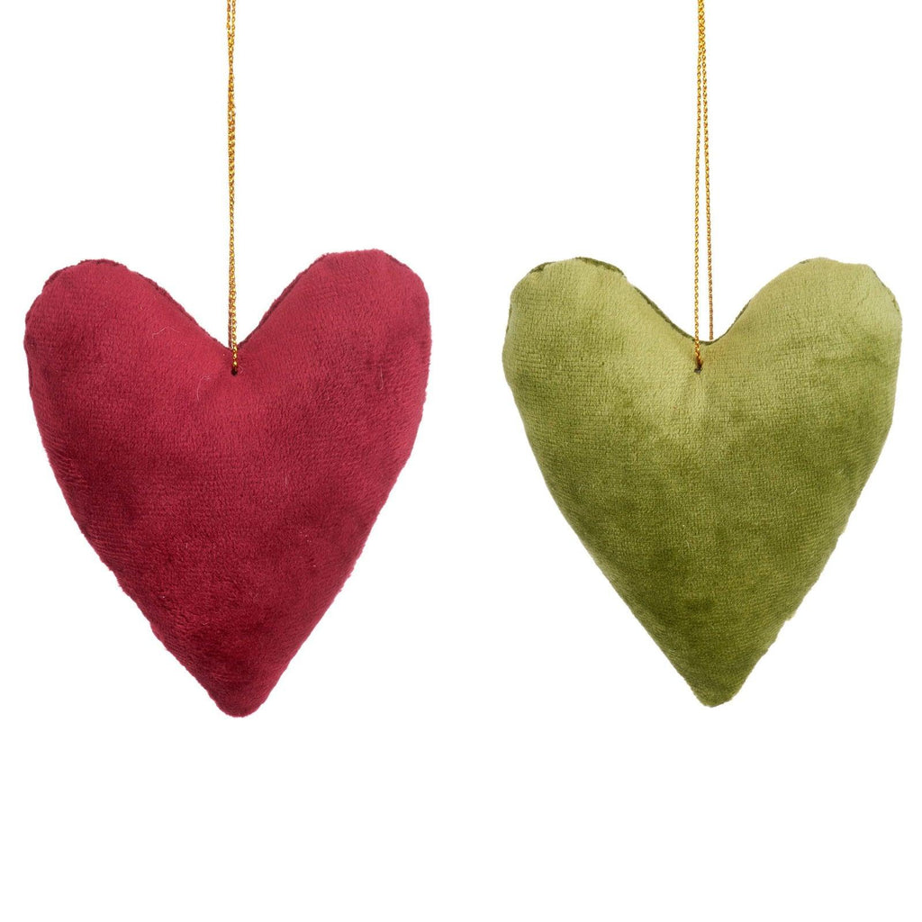 Handmade Green and Red Velvet Hanging Heart Decorations Geko Products