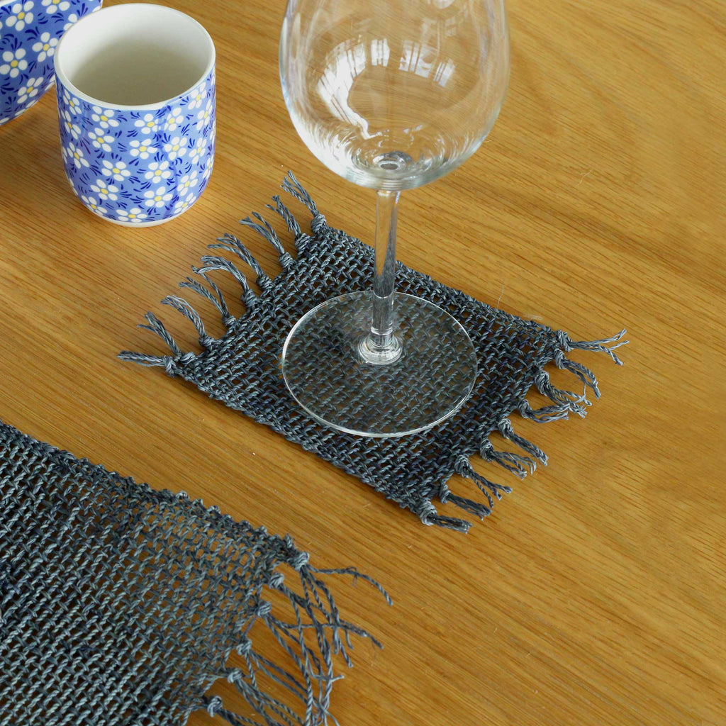 Set of 4 Seagrass Fringe Natural Coasters Charcoal Shades 4 Seasons