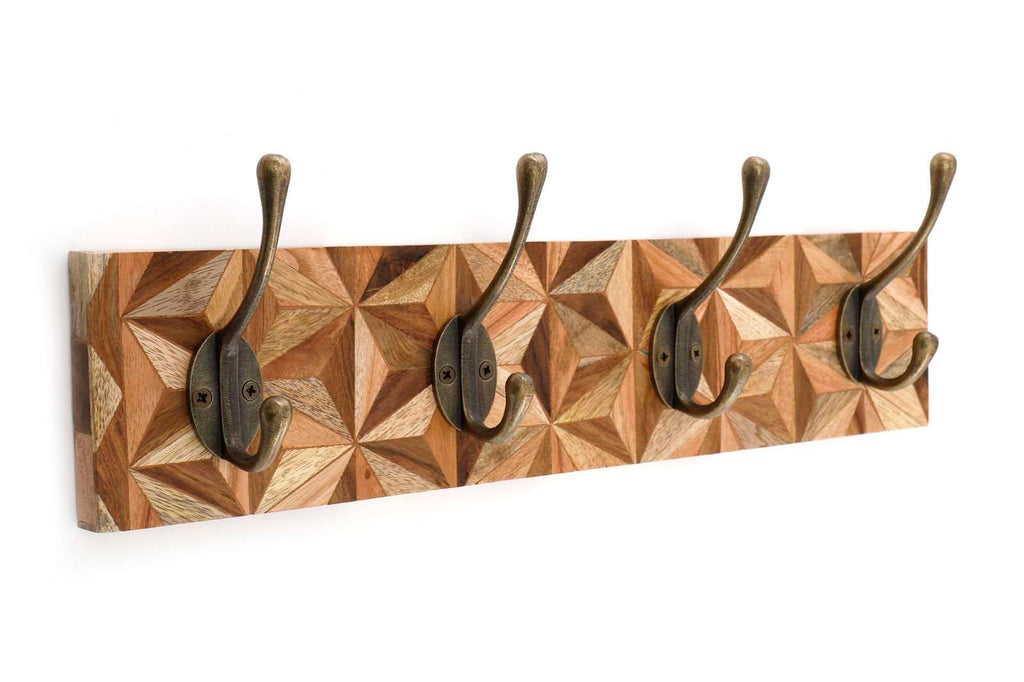 Aztec Design Wooden Plinth, 4 Double Coat Hooks Geko Products