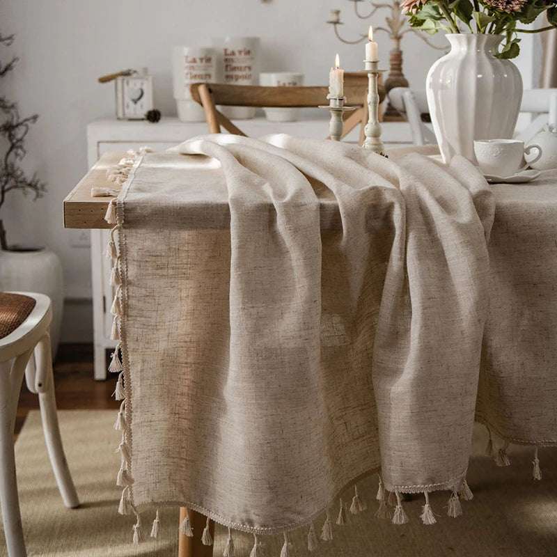 Cotton Linen Table Cloth Tassel Rectangular Tablecloth for Dining Table WHITE FSISLOVER