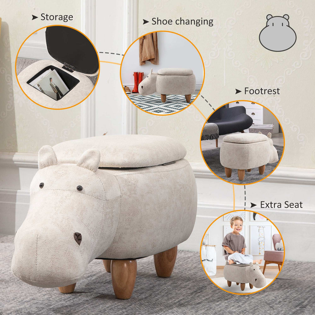 HOMCOM Hippo Storage Stool Cute Decoration Footrest Wood Frame Legs Cream HOMCOM