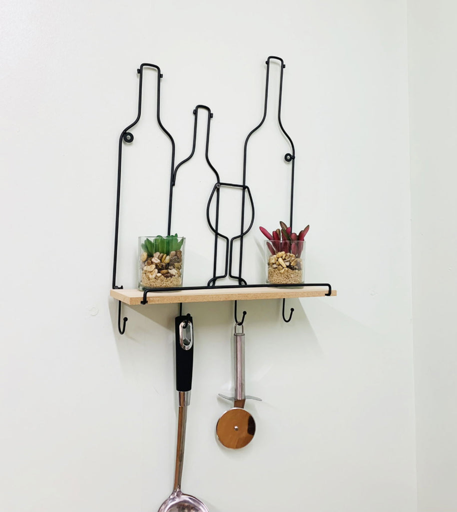 Wine Bottles Wall Shelving Unit & 4 Hooks Geko Products