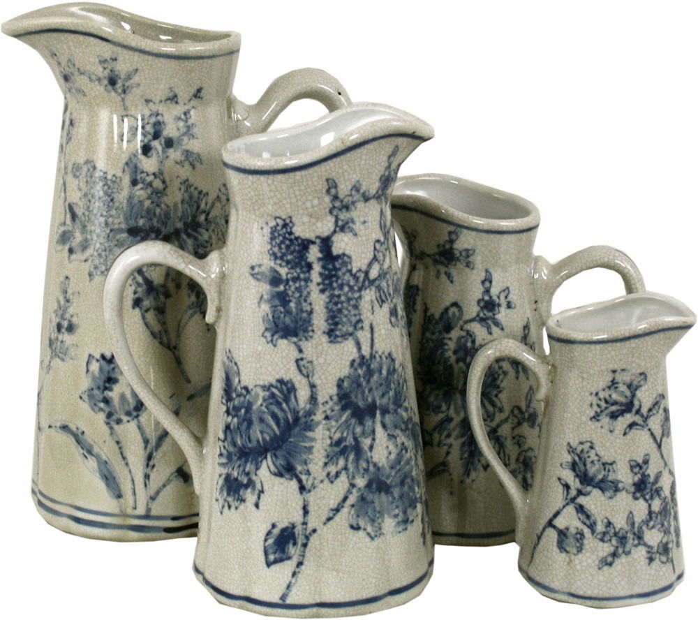 Set of 4 Ceramic Jugs, Vintage Blue & White Magnolia Design Geko Products