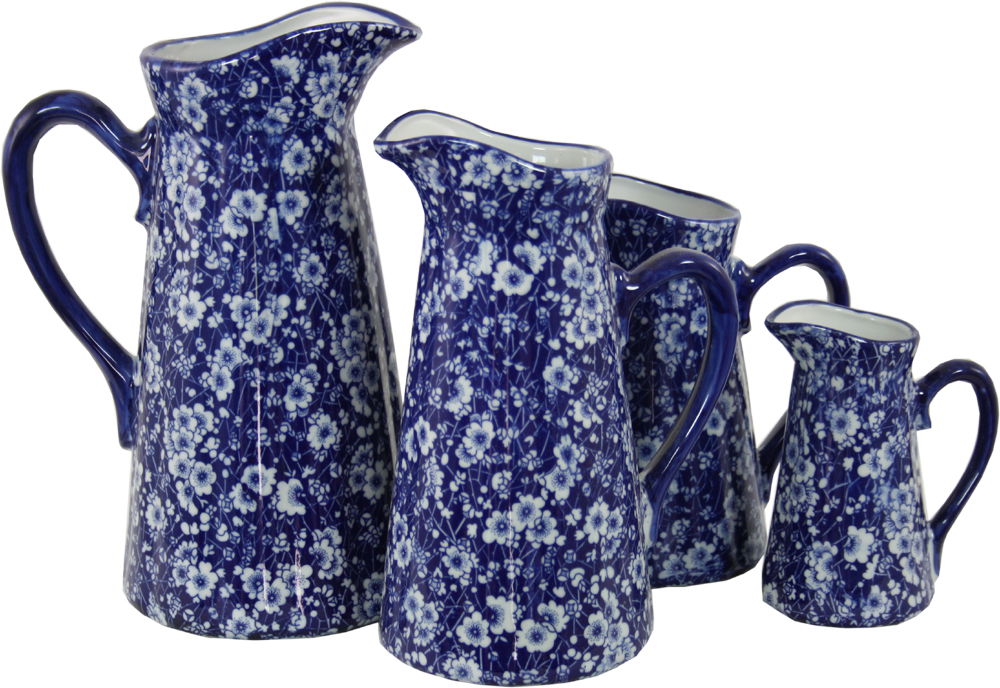 Set of 4 Ceramic Jugs, Vintage Blue & White Daisies Design Geko Products