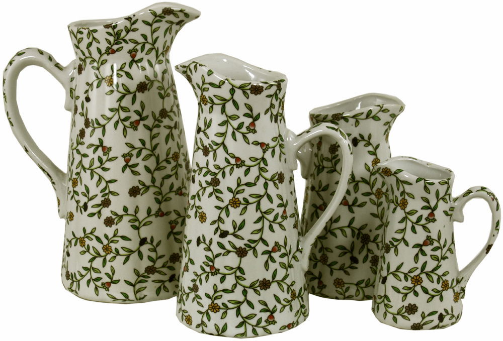 Set of 4 Ceramic Jugs, Vintage Green & White Floral Design Geko Products