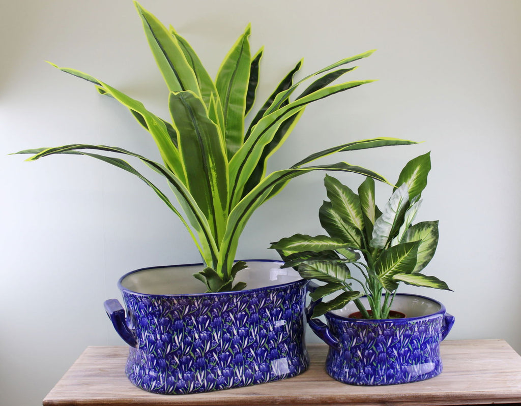 Set of 2 Ceramic Footbath Planters, Vintage Blue & Green Crocus Design Geko Products