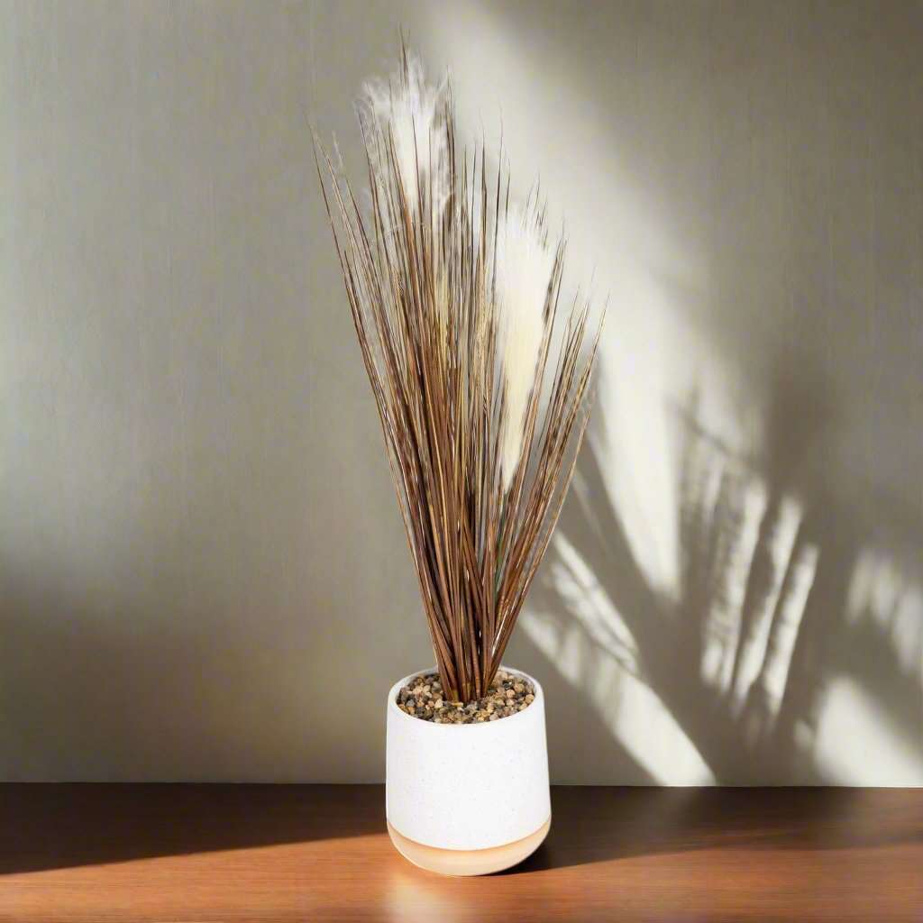 Artificial Grasses In A White Pot With White Feathers - 50cm Geko Products