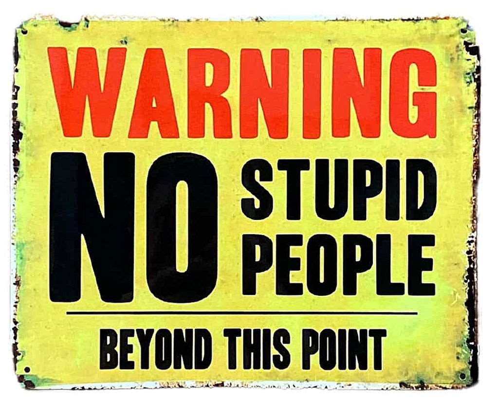 Metal Advertising Wall Sign - Warning No Stupid People Beyond This Point Geko Products