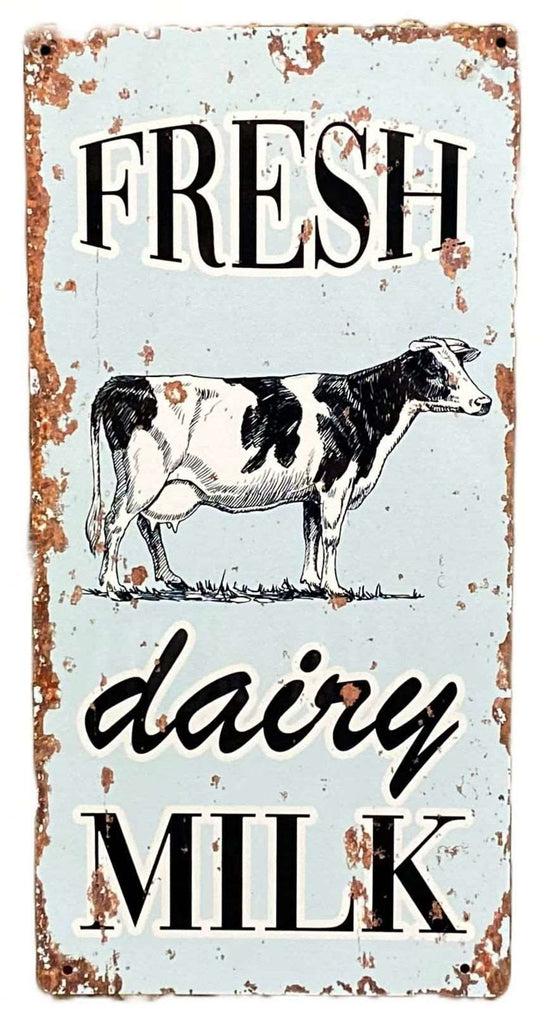 Metal Vintage Wall Sign - Fresh Dairy Milk Cow Farm Geko Products