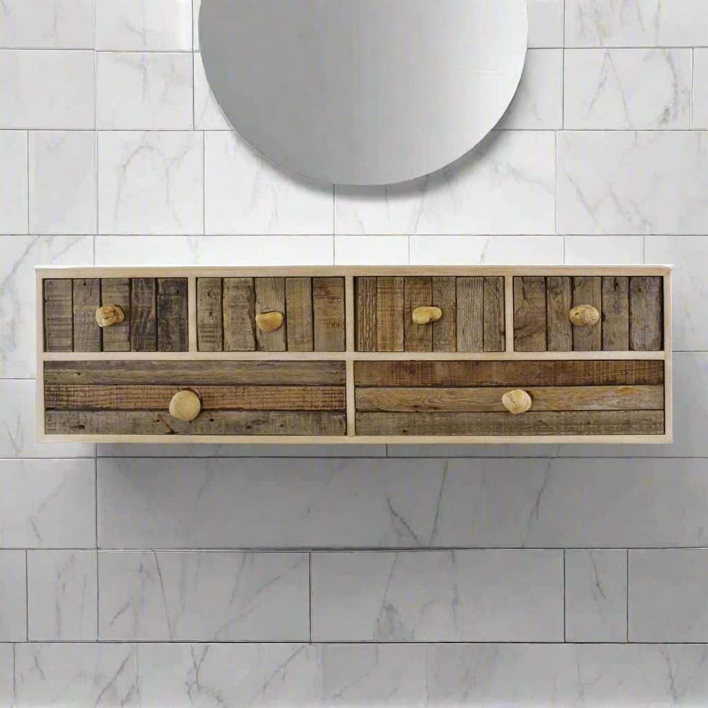 6 Drawer Unit, Driftwood Effect Drawers With Pebble Handles, Freestanding or Wall Mountable Geko Products