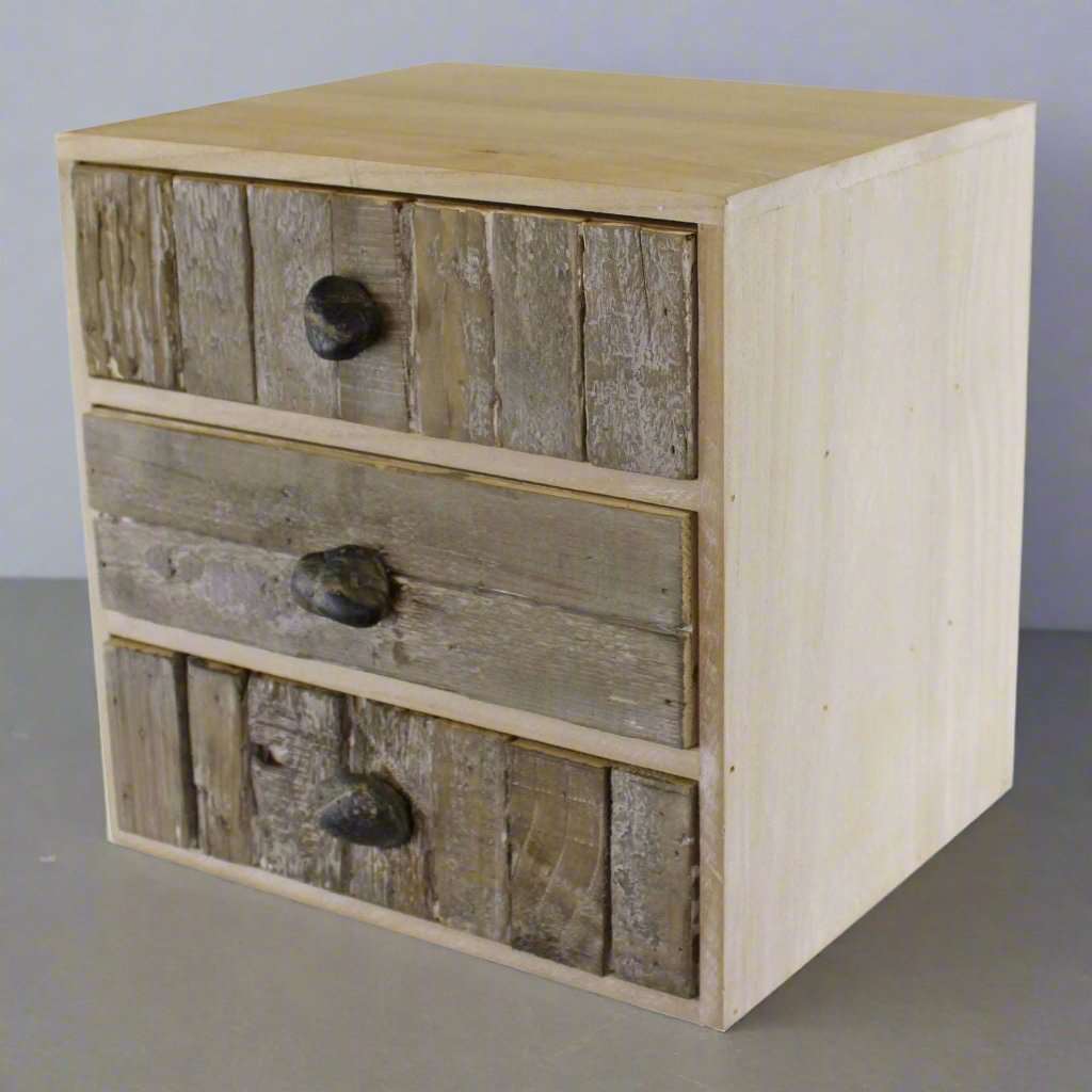 3 Drawer Unit, Driftwood Effect Drawers With Pebble Handles Geko Products