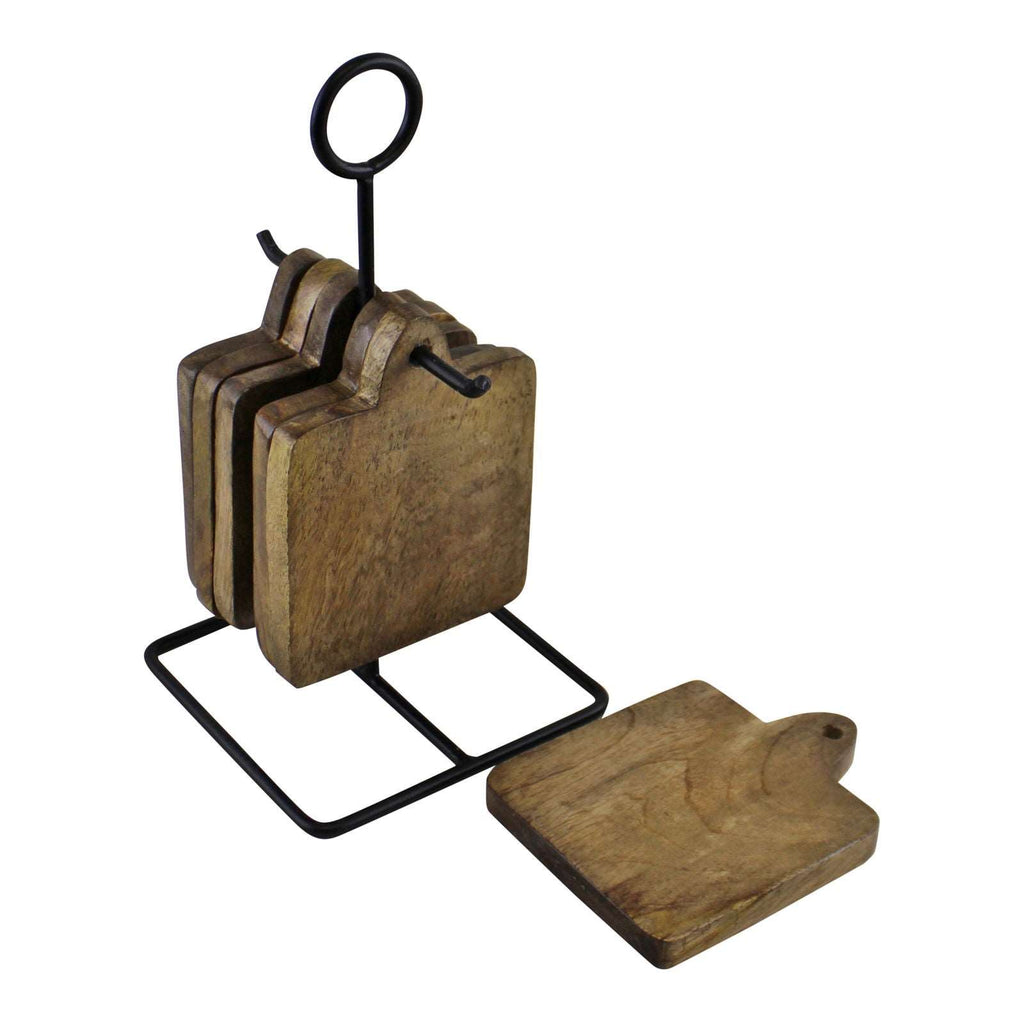 Set Of 6 Mango Wood Coasters On Metal Stand Geko Products