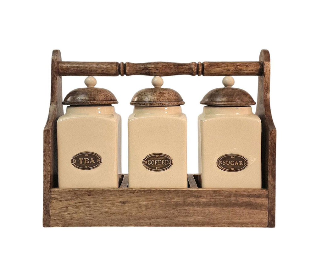 Ceramic Tea, Coffee & Sugar Jar's In Solid Mango Wood Rack Shades 4 Seasons